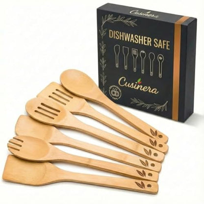 Dishwasher Safe Bamboo Wooden Spoons for Cooking 6-Piece – Kitchen Gadgets Wooden Cooking Utensils Set – Premium Kitchen Utensils Set – Easy to Clean, Perfect for Non-Stick Cookware