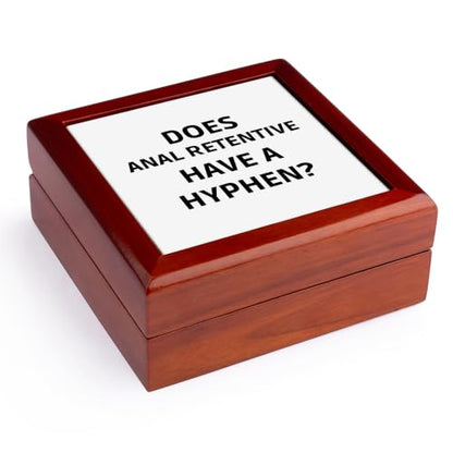 3dRose Does Anal Retentive Have a Hyphen. Black lettering on white background Jewelry Box 7 x 7 inch with 4 inch tile