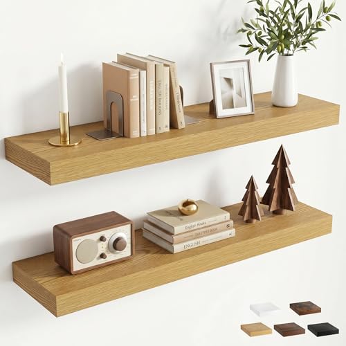 32 inchs Floating Shelves for Wall Mounted Set of 2,Rustic Wood Floating Shelf with Invisible Brackets for Small Bathroom,Bedroom,Living Room,Modern Home Decor -Oak Color - color: Oak, size: 32''W x 7.9''D x 1.5''H,Set of 2-MDF