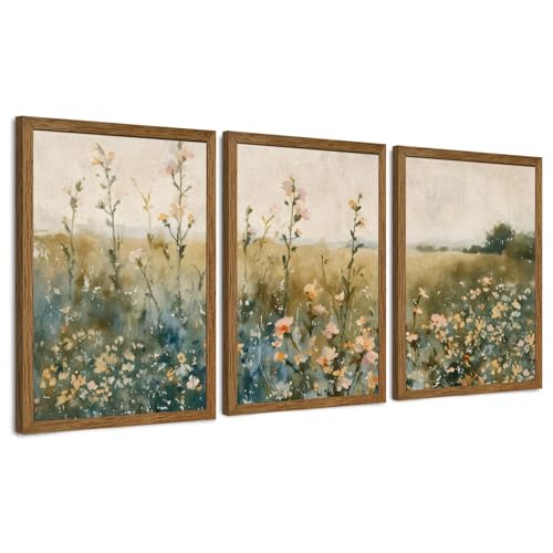 AVECCO 3 Pieces Vintage Wildflower Field Wall Art Framed Canvas 20x30 inch | Uv Resistant Inks, Giclée Print, Wooden Frame, Triptych Nature Watercolor Florals, Ready to Hang, Living Room Bedroom Decor - color: Vintage, size: 30"L x 20"W
