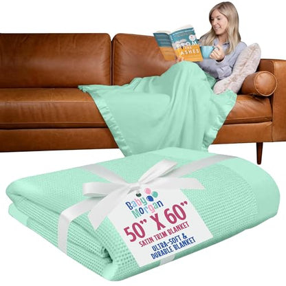 Thermal Waffle Knit Throw Blanket Satin Trim Mint Green 50"x60" | Adult throw blanket with soft lightweight waffle knit design, satin trim & breathable layer for couch, bed & living room use - color: Mint Green - Satin Trim