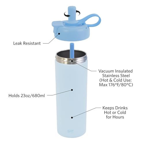 Glad Sip & Chug Insulated Water Bottle - Skinny Stainless Steel Tumbler with Straw and Chug Lid - Leak Resistant Double Walled Metal for Hot and Cold Drinks, 23oz, Blue - color: Blue