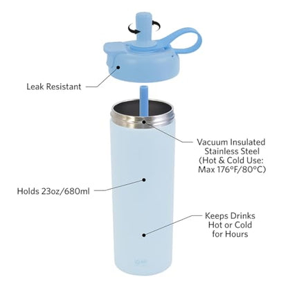 Glad Sip & Chug Insulated Water Bottle - Skinny Stainless Steel Tumbler with Straw and Chug Lid - Leak Resistant Double Walled Metal for Hot and Cold Drinks, 23oz, Blue - color: Blue