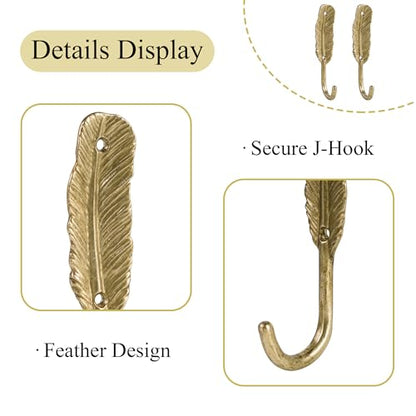 SOFFEE DESIGN 2PCS Golden Feather Metal Hooks, Wall Hangers for Coats & Jewelry, Delicate Bathroom Vanity Organizer - color: Gold
