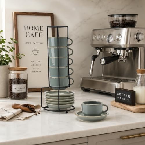 JIEMEI HOME Porcelain Stackable Espresso Cups with Saucers and Metal Stand, 4 Ounce Demitasse Cups for Latte, Cafe Mocha, Tea - Set of 6, Reactive Glaze, Wild Sage Earth Speckle - color: Wild Sage Earth Speckle