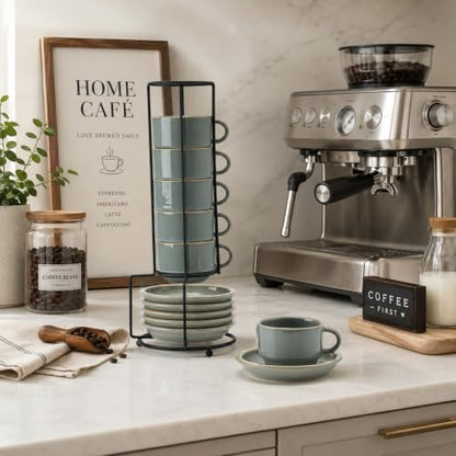 JIEMEI HOME Porcelain Stackable Espresso Cups with Saucers and Metal Stand, 4 Ounce Demitasse Cups for Latte, Cafe Mocha, Tea - Set of 6, Reactive Glaze, Wild Sage Earth Speckle - color: Wild Sage Earth Speckle