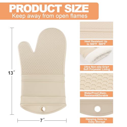 YUTAT Silicone Oven Mitts,Heat Resistant 2PCS Oven Mitts with Soft Polyester Filling,Perfect for Baking and Cooking,Khaki - color: Khaki-honeycomb Surface, size: 13“L x 7"W-2 Piece