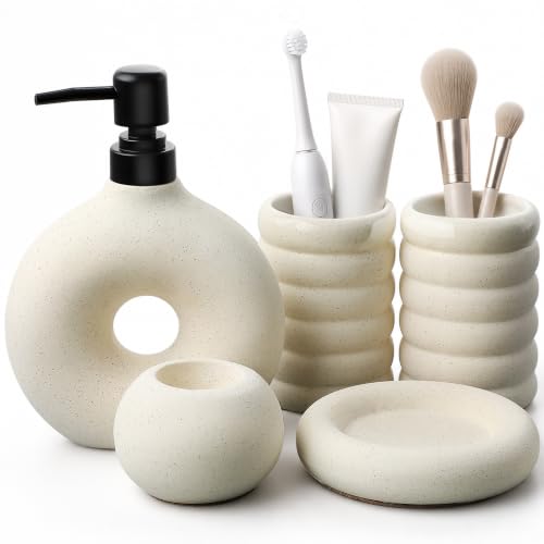 5 Pcs Ceramic Bathroom Accessories Set, White Bathroom Soap Dispenser Set | Soap Dispenser 16Oz, Toothbrush Cup, Toothbrush Holder, Soap Dish, Candle Holder,Modern Bathroom Accessory Set for Countertop - color: White-002