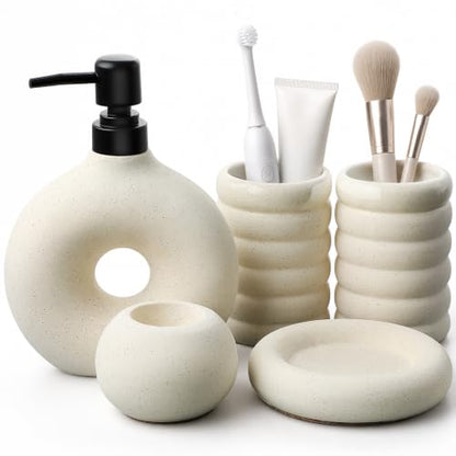 5 Pcs Ceramic Bathroom Accessories Set, White Bathroom Soap Dispenser Set | Soap Dispenser 16Oz, Toothbrush Cup, Toothbrush Holder, Soap Dish, Candle Holder,Modern Bathroom Accessory Set for Countertop - color: White-002