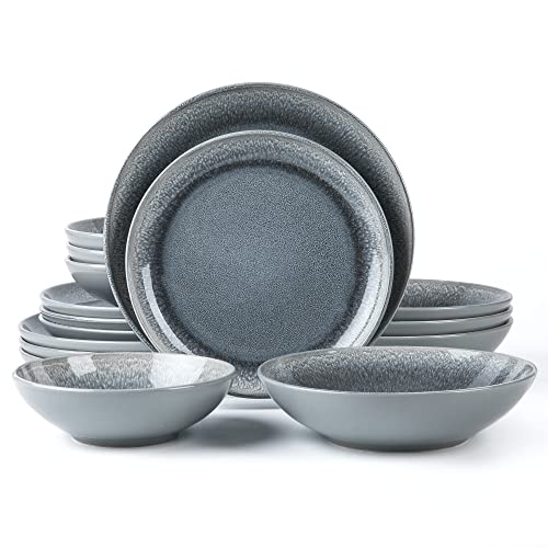 Arora FAIT Round Stoneware 16pc Double Bowl Dinnerware Set for 4, Dinner Plates, Side Plates, Cereal Bowls, Pasta Bowls - Reactive Glaze Grey (439699) - color: Grey-Cereal/Pasta Bowl (2), style: Round-Service for 4(16pcs)