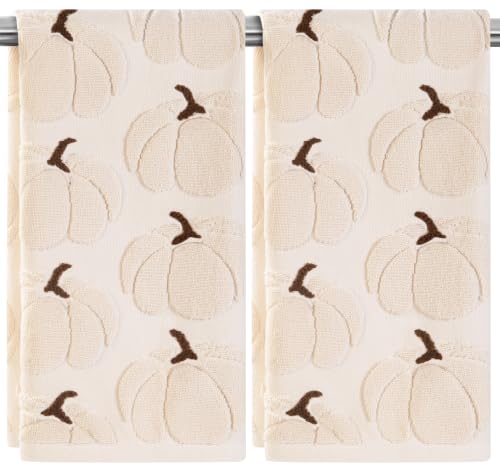 Quera 2 Pack Hand Towels Fall Pumpkin Thanksgiving Beige Bathroom Decorative Towels Set for Drying, Cleaning, Cooking, Holiday 13.7'' x 29.5'' - color: Beige Pumpkin