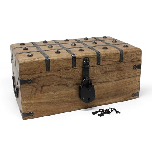 Treasure Chest Wooden Box with Antique Iron Lock and Skeleton Key (Large 14.5x8x6.75) - Storage and Decor – Pirate Wooden Treasure Chest, Decorative Box with Hinged Lid, - size: Large 14.5 x 9 x 5.75"