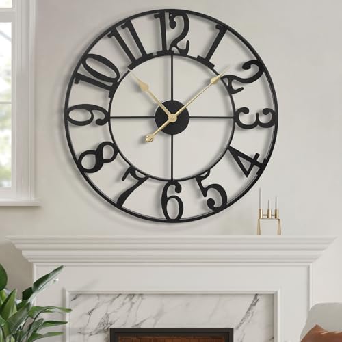 LEIKE Large Wall Clock, 24" Silent Non-Ticking, Battery Operated, Oversized, Decorative Retro Black Metal Clock for Living Room,Farmhouse, Dinner Room,Indoor, Outdoor Decor(60cm, Black Arabic Number) - color: Black-arabic Number, size: 24 Inch