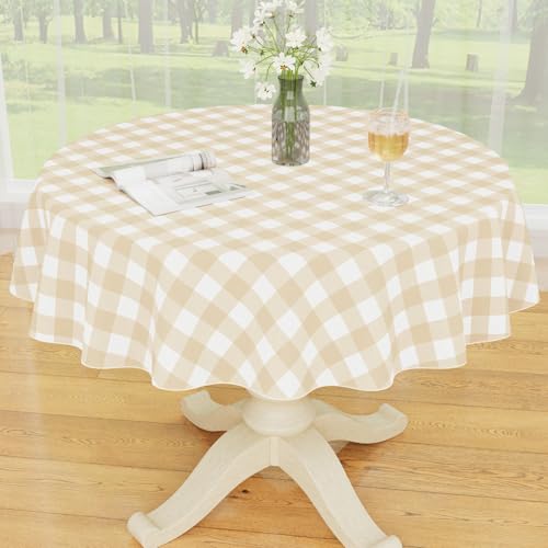 Smiry Plastic Table Cloth, Waterproof Vinyl Tablecloth with Flannel Backing, Wipeable Buffalo Plaid Table Cover for Picnic, Indoor and Outdoor (White & Beige, 60" Round) - color: White & Beige, size: 60" (Round)