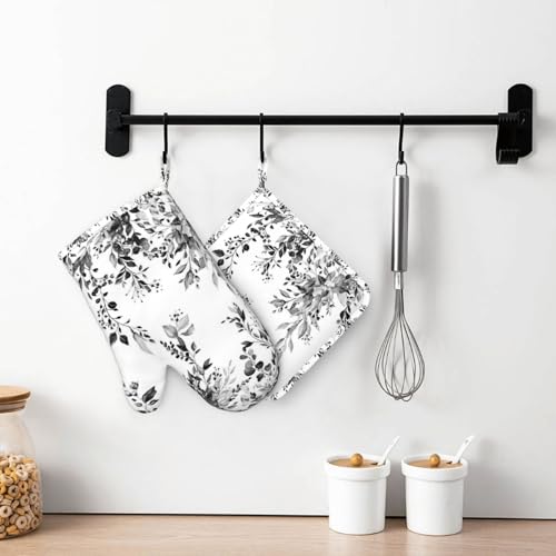 Black and White Eucalyptus Oven Mitts and Pot Holders Set, 4pcs Silicone Grey Watercolor Plant Leaves Oven Glove for Kitchen Heat Resistant Oven Mitts and Potholders Non-Slip for Cooking - color: Black White