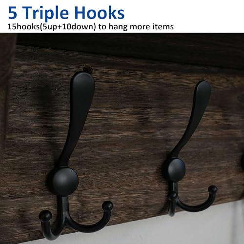 WEBI Coat Rack Wall Mount with Shelf,24" Long Wall Shelf with Hooks Underneath,5 Triple Hooks for Entryway,Hallway,Bedroom,Weathered Brown - color: Weathered Brown, size: 24 Inch