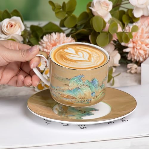 KAMMAK Tea Cups and Saucers Set of 2, Porcelain Coffee Cups, JBE009 | Stackable Espresso Mugs, Ceramic Demitasse for Coffee, Cappuccino, Latte, Americano, Tea - size: 8CZJBE009