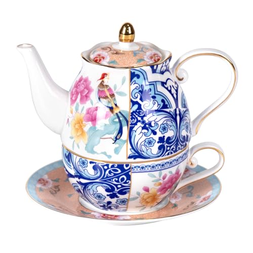 KAMMAK Tea for One Set, Ceramic Teapot, Bone China Tea Set, Cup and Saucer | Colorful, Porcelain Stackable Tea Pot Set with Golden Trim for Coffee and Cappuccino, Ideal for Afternoon Tea and Gifts,GH12 - color: Blue-GH11
