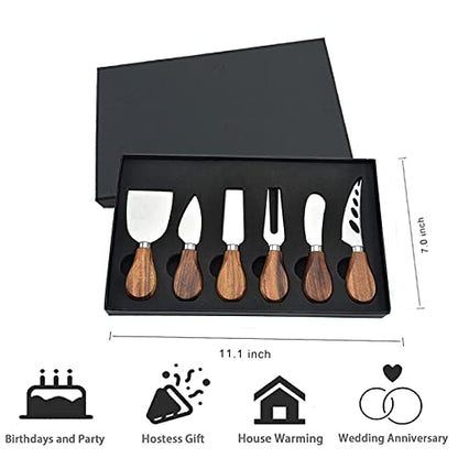 Premium 6-Piece Cheese Knife Set - Acacia Wood Handle Stainless Steel Cheese Knives for Charcuterie Board