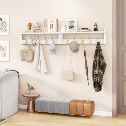 YMYNY 47.2" Coat Rack Wall Mount with Shelf and 10 Hooks, White UHWS004W-2 | 2 Pack Coat Hooks Wall Mount, Wood Wall Mounted Coat Rack with Hooks, Coat Hanger Wall Mount, Wall Hooks for Hanging - color: White