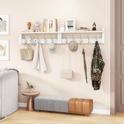 YMYNY 47.2" Coat Rack Wall Mount with Shelf and 10 Hooks, White UHWS004W-2 | 2 Pack Coat Hooks Wall Mount, Wood Wall Mounted Coat Rack with Hooks, Coat Hanger Wall Mount, Wall Hooks for Hanging - color: White