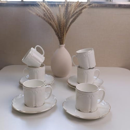 GuangYang 3oz Fine Porcelain Espresso Cups and Saucers,Embossed White with Gold Trim, Demitasse Cup Set for Espresso,Double Espresso,Macchiato,After-dinner coffee servings