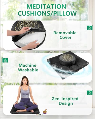 Hihealer Meditation Cushion Set Large Velvet Floor Pillow & Traditional Tibetan Yoga Bolster for Adults Zafu Meditation Mat with Buckwheat Filling (Black) - color: Black