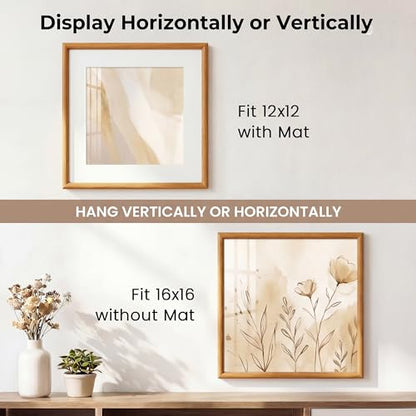 Acovy 16x16 Square Picture Frame, Natural Solid Teak Wood 16"x16" Photo Frame for Wall, Handcrafted Wooden Poster Frame 16 x 16 Matted to 12x12, High Definition Tempered Glass, Wall Hook Included, Natural Teak - color: Teak, size: 16"x16"