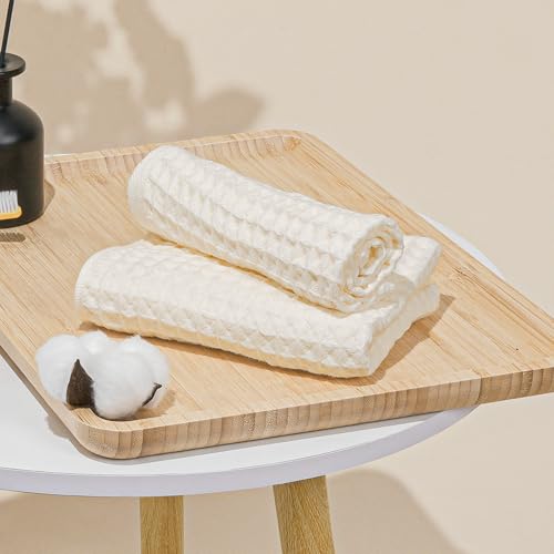 Vie Triomphe Waffle Weave Hand Towel and Washcloth Set of 2 Hollow Yarn Cotton 13.4x29.5 Hand Towel 13.4x13.8 Face Cloth, Lightweight Quick Dry Off-White Bathroom Towels for Daily Use, Gym Travel RV
