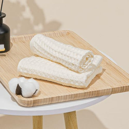 Vie Triomphe Waffle Weave Hand Towel and Washcloth Set of 2 Hollow Yarn Cotton 13.4x29.5 Hand Towel 13.4x13.8 Face Cloth, Lightweight Quick Dry Off-White Bathroom Towels for Daily Use, Gym Travel RV