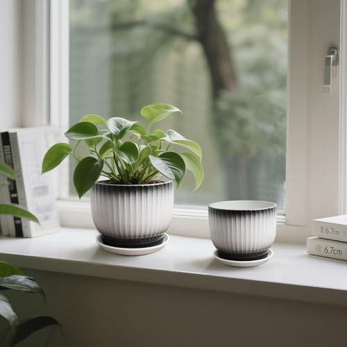 6.7 + 5.5 Inch Ceramic Plant Pots,Set of 2,Planters with Drainage and Saucer,Indoor Pots for Plants,Modern Flower Pots for Home and Office（Black + White） - color: Black + White