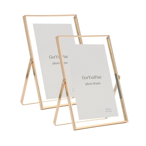 Gold 4x 6'' Floating Frame Set of 2, For Photo Sizes (2x3'', 3.5x 5'' up to 4x6'' ), Beautiful Metal Lace Edge Frames Adjustable Tabletop/Shelf Photo Frame, Classy Gift Choice for Wedding, - color: Gold, size: 4x6''For 3.5x5''2PK