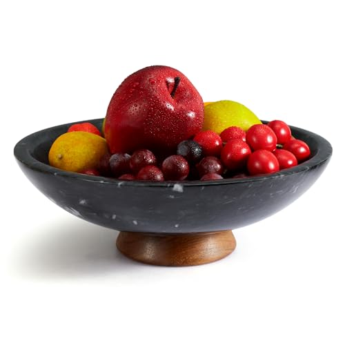 SAMAH Black Marble Fruit Bowl with Acacia Wood Pedestal, Large Decorative Marble Bowl, Natural Stone Fruit Bowl for Kitchen Counter, Entryway, Keys, Dining Table, House Warming Gifts New Home(11Inch) - color: Black