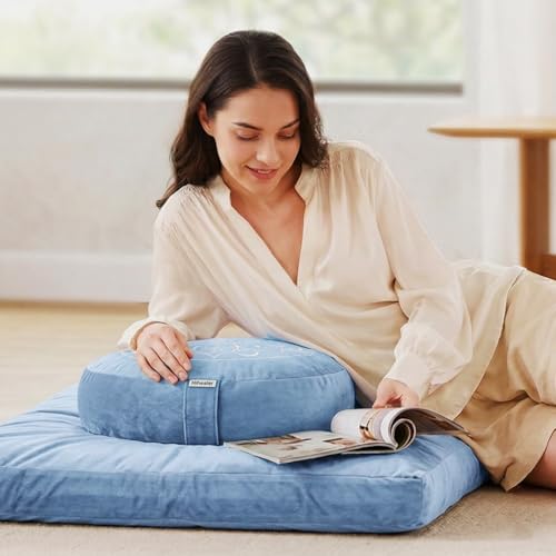 Hihealer Meditation Cushion, Traditional Tibetan Meditation Pillow Velvet Cover - Large Floor Cushion Seating for Adults - Yoga Buckwheat Bolster for Women、Moms - color: Restful Blue(set)