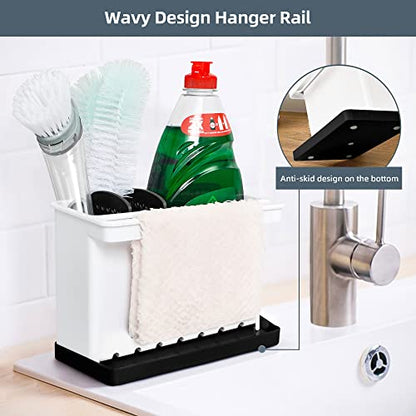 JOMOLA Kitchen Sink Organizer Dish Brush Sponge Holder Caddy Toothbrush Holders for Bathrooms Sinkware Kitchen Utensil Holder Sink Caddy Organizer with 4 Separate Dividers Removable Drain Tray (Black) - color: Black