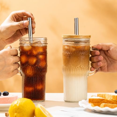 JunVpic Glass Tumbler, 24 oz Ice Coffee Cups with Bamboo Lid and Handle | Stainless steel straws and cleaning brushes, boho pattern design for iced coffee, smoothies, tea and daily drinks - color: Clear-Boho Pattern, size: 24oz