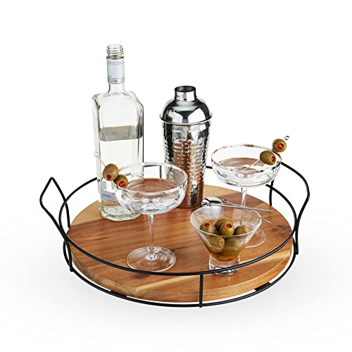 Twine Acacia Wood Cocktail Tray, Outdoor Entertaining, Easy Carry Handles, Removable Frame, Drink and Appetizer Tray, Set of 1 - style: Modern Round