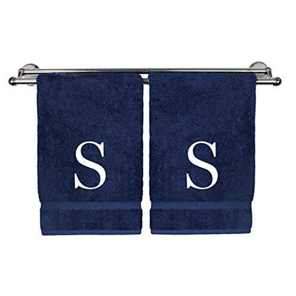 Monogrammed Hand Towel, Personalized Gift, Set of 2- White Block Letter Embroidered Towel - Extra Absorbent 100% Turkish Cotton - Soft Terry Finish - Initial S Navy - color: Navy & White, size: Initial S