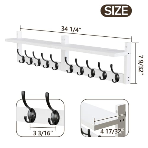 AMBIRD 34.2" L Wooden Wall Coat Hooks with Shelf - Versatile and Decorative Wall-Mounted Storage - 10 Hooks for Hanging Coats, Hats, Keys, Bags, Scarves - Ideal for Entryways, Bedrooms, Closets(White) - size: 34.2 inch, style: Modern White