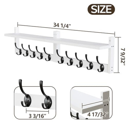 AMBIRD 34.2" L Wooden Wall Coat Hooks with Shelf - Versatile and Decorative Wall-Mounted Storage - 10 Hooks for Hanging Coats, Hats, Keys, Bags, Scarves - Ideal for Entryways, Bedrooms, Closets(White) - size: 34.2 inch, style: Modern White