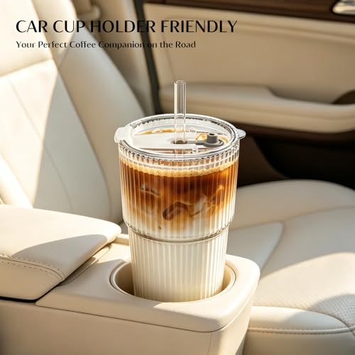 INSETLAN 20 oz Ribbed Glass Tumblers with Lids and Glass Straws – 2-Piece Glassware Set, Heavy-Duty Tumblers, Ideal for Iced Coffee, Smoothies, Cocktails, and Juices – Elegant and Durable Drinkware