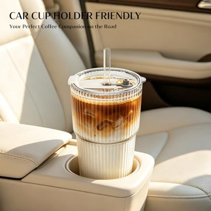 INSETLAN 20 oz Ribbed Glass Tumblers with Lids and Glass Straws – 2-Piece Glassware Set, Heavy-Duty Tumblers, Ideal for Iced Coffee, Smoothies, Cocktails, and Juices – Elegant and Durable Drinkware