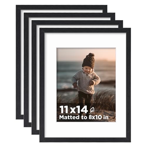 11x14 Picture Frame Set of 4, Wooden 14x11 Photo Frames with Plexiglass for 8x10 Picture with Mat or 11x14 Without Mat, Collage for Wall Gallery and Tabletop Display, 11 x 14 Frame Black Wood - color: Black Wood, size: 11x14