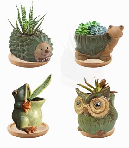 Cute Animal Shaped Vase Pot Home Decoration for Small Succulent Plants Cartoon Flower Pot Ceramic Succulent Planter with Drainage Hole Succulent Holder (4 Pcs) - size: 4 Pcs