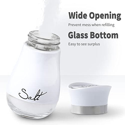 Salt and Pepper Shakers Set | Stainless Steel with Glass Bottle for Table, RV, Camp, BBQ, Set of 2, White - color: White