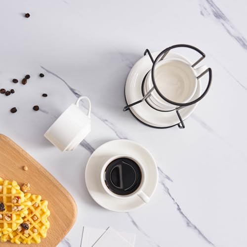 YOLIFE 2.5oz Espresso Cups, Stackable Espresso Cups Set of 4 | Porcelain Espresso Cup with Saucers and Metal Stand, Expresso Shots Cup -White - color: White, size: 2.5oz