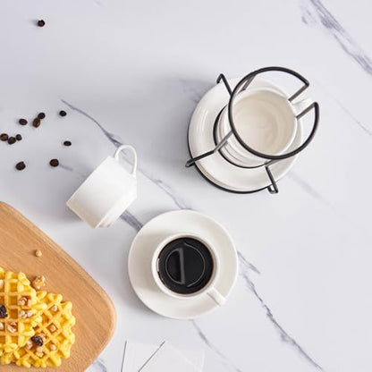 YOLIFE 2.5oz Espresso Cups, Stackable Espresso Cups Set of 4 | Porcelain Espresso Cup with Saucers and Metal Stand, Expresso Shots Cup -White - color: White, size: 2.5oz