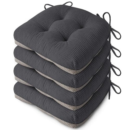 Anti Slip Kitchen Chair Cushions Set of 4 18"X16.5"X3" Dark Grey | Elegant Breathable Textured Fabric, with Ties, Tufted, Thick Polyester Filling, for Dining Chairs, Folding Chairs, Office - color: Dark Grey