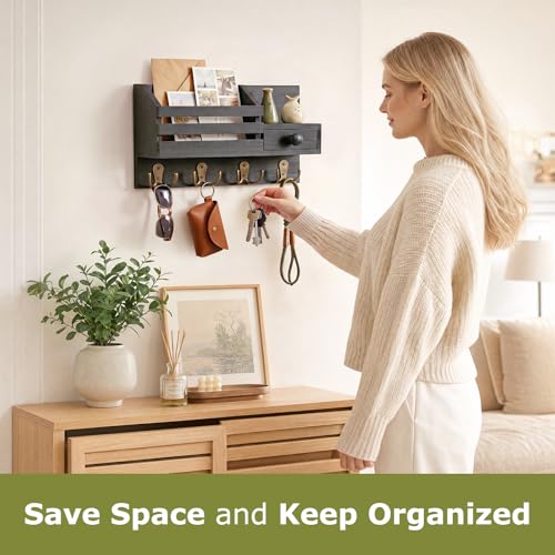 Key Holder Wall Mount, Wooden Key and Mail Organizer, Black | 2 Mount Options, Includes 8 Hooks, Fence Mail Slot, Small Drawer and Shelf, for Entryway, Hallway, Doorway, Living Room, RV - color: Black