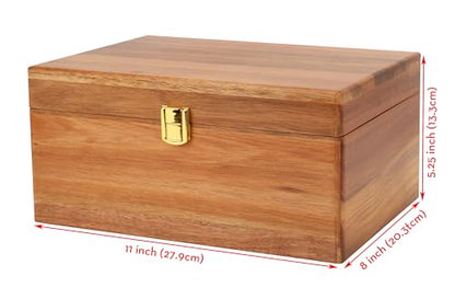 Handmade Premium Solid Acacia Wood Box with Hinged Lid – Natural Unique Finish, Golden Hinges & Latch Closure, Secure Storage for Tea, Jewelry, Crafts, Tools & More – 11" x 8" x 5.25" inch - size: 11 x 8 x 5.25 inch